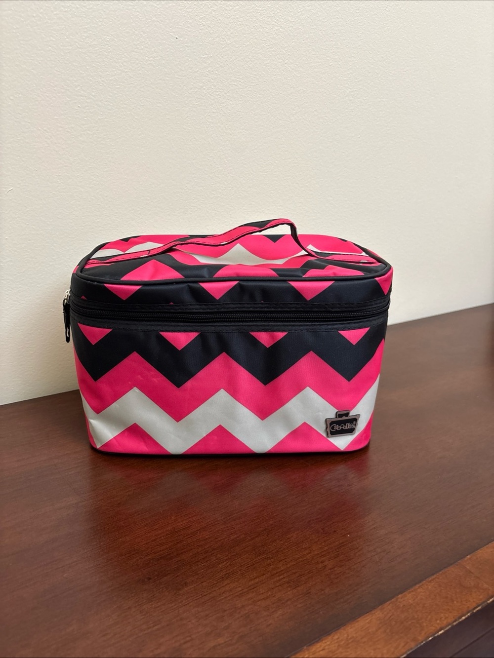 Caboodle’s soft make up case Travel zip around Case black pink silver chevron